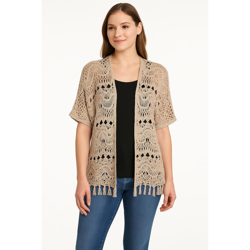 New Directions‎ Tan Crochet Short Sleeve Fringe Open Front Bohemian Cardigan L